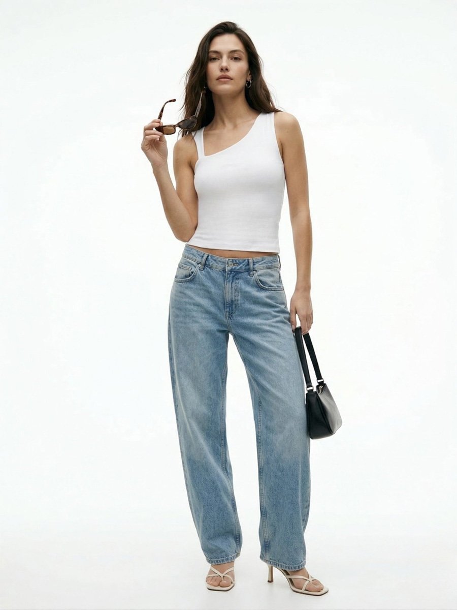 White Asymmetric Neck Neckline Fitted Top