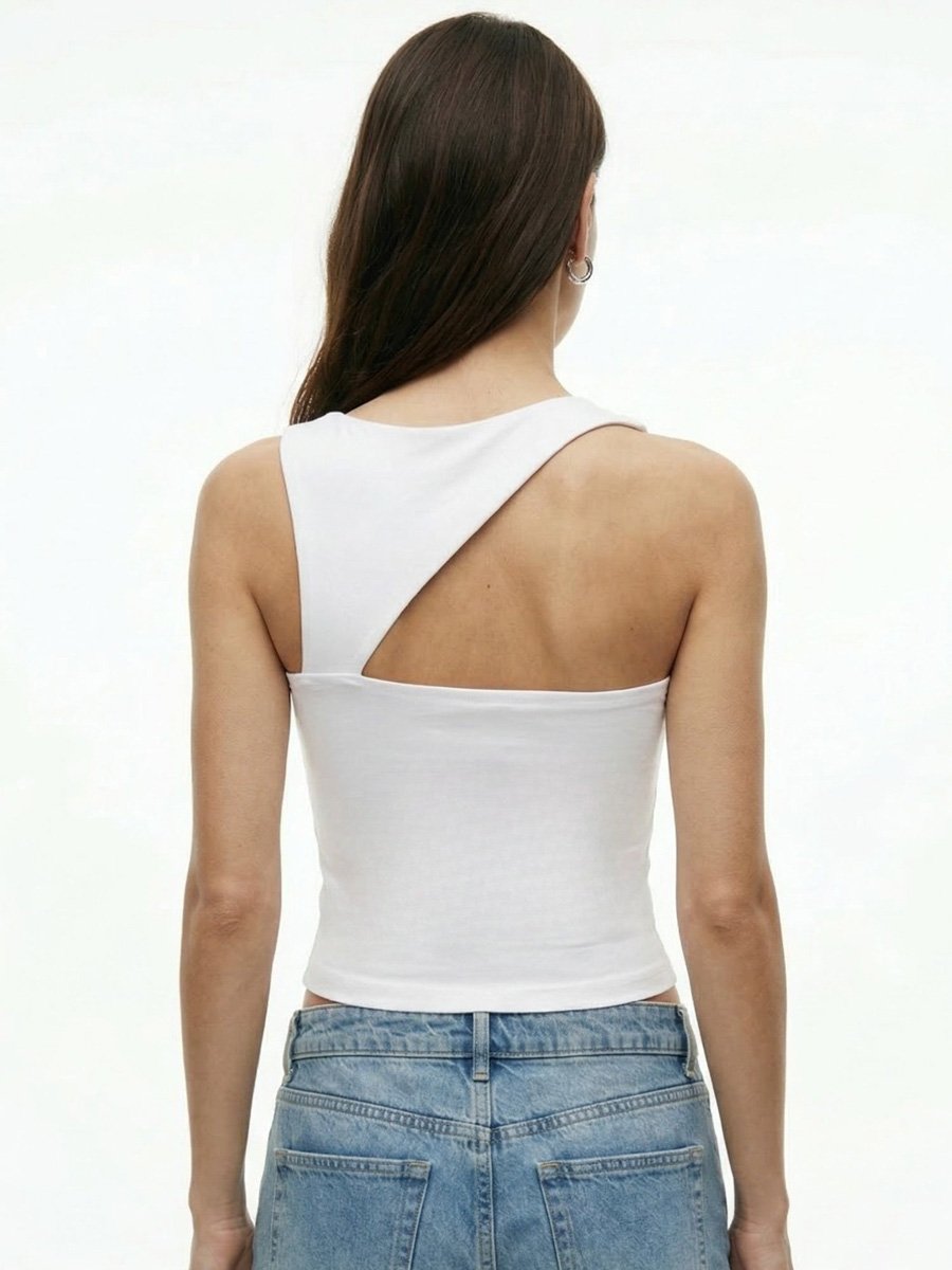 White Asymmetric Neck Neckline Fitted Top