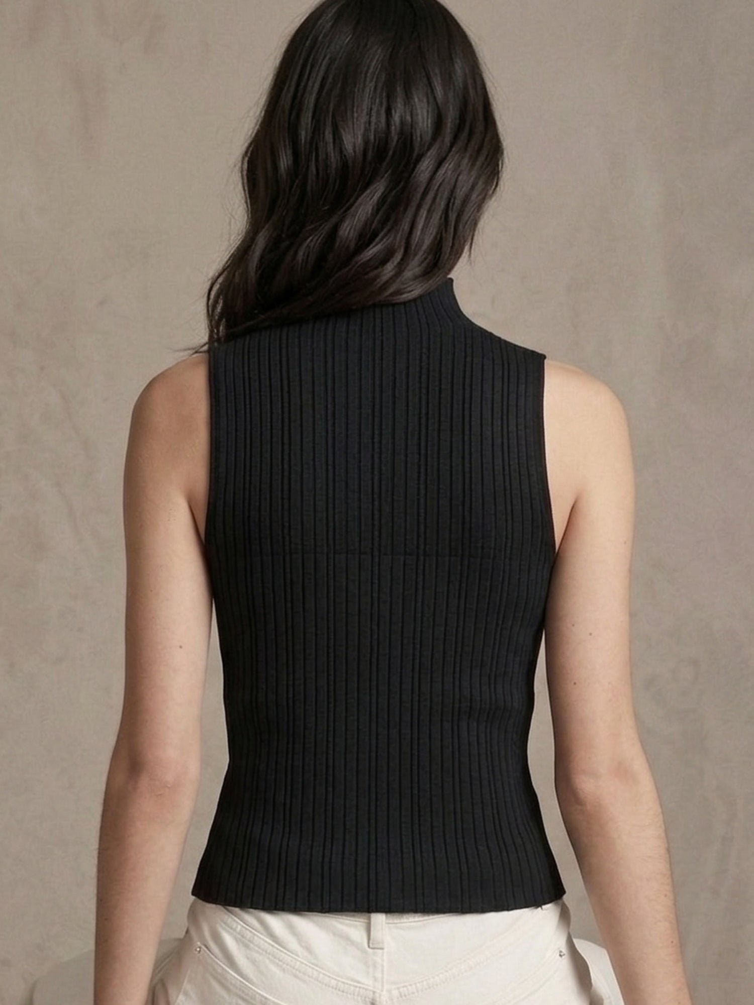 Sleek Black Sleeveless Ribbed Mock Neck Top