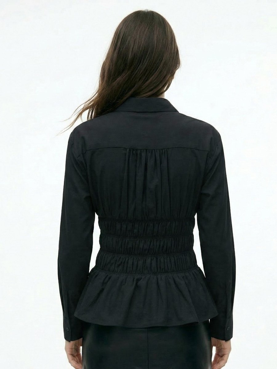 Black Full Sleeve Shirt With Smocking Details At Waist