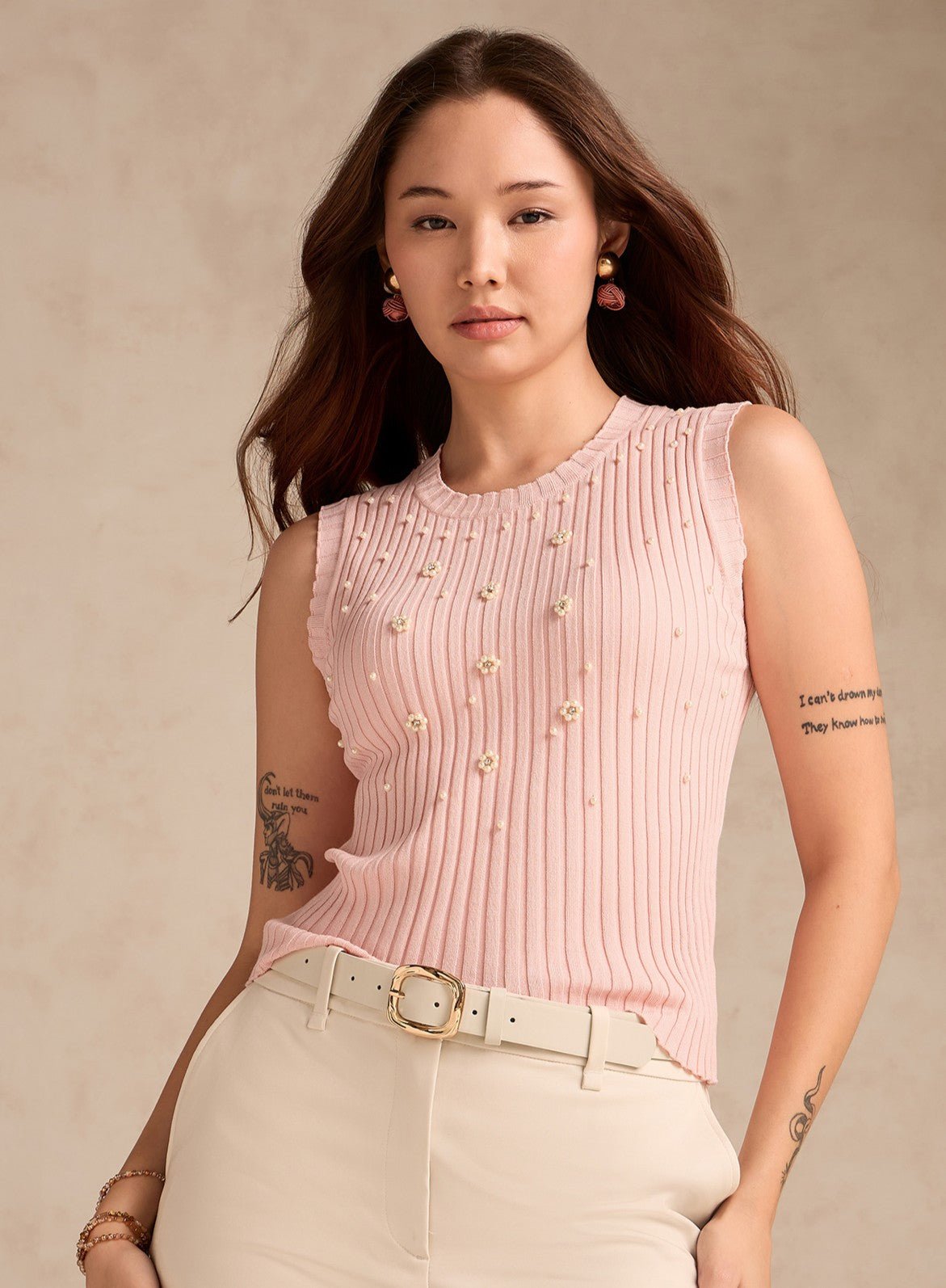 Pink Sleeveless Ribbed Knit Tank Top with Embellishments