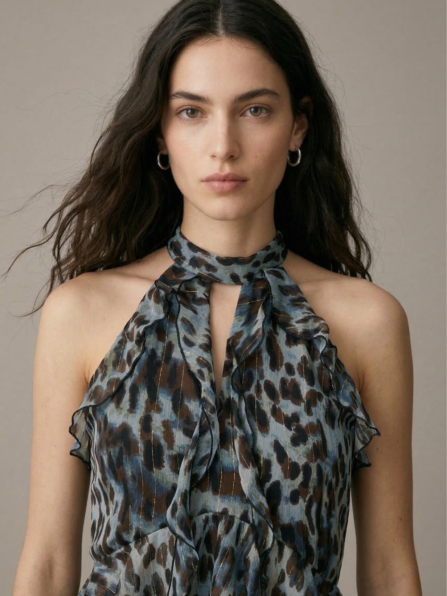 Leopard Print Halter Neck Ruffle Blouse