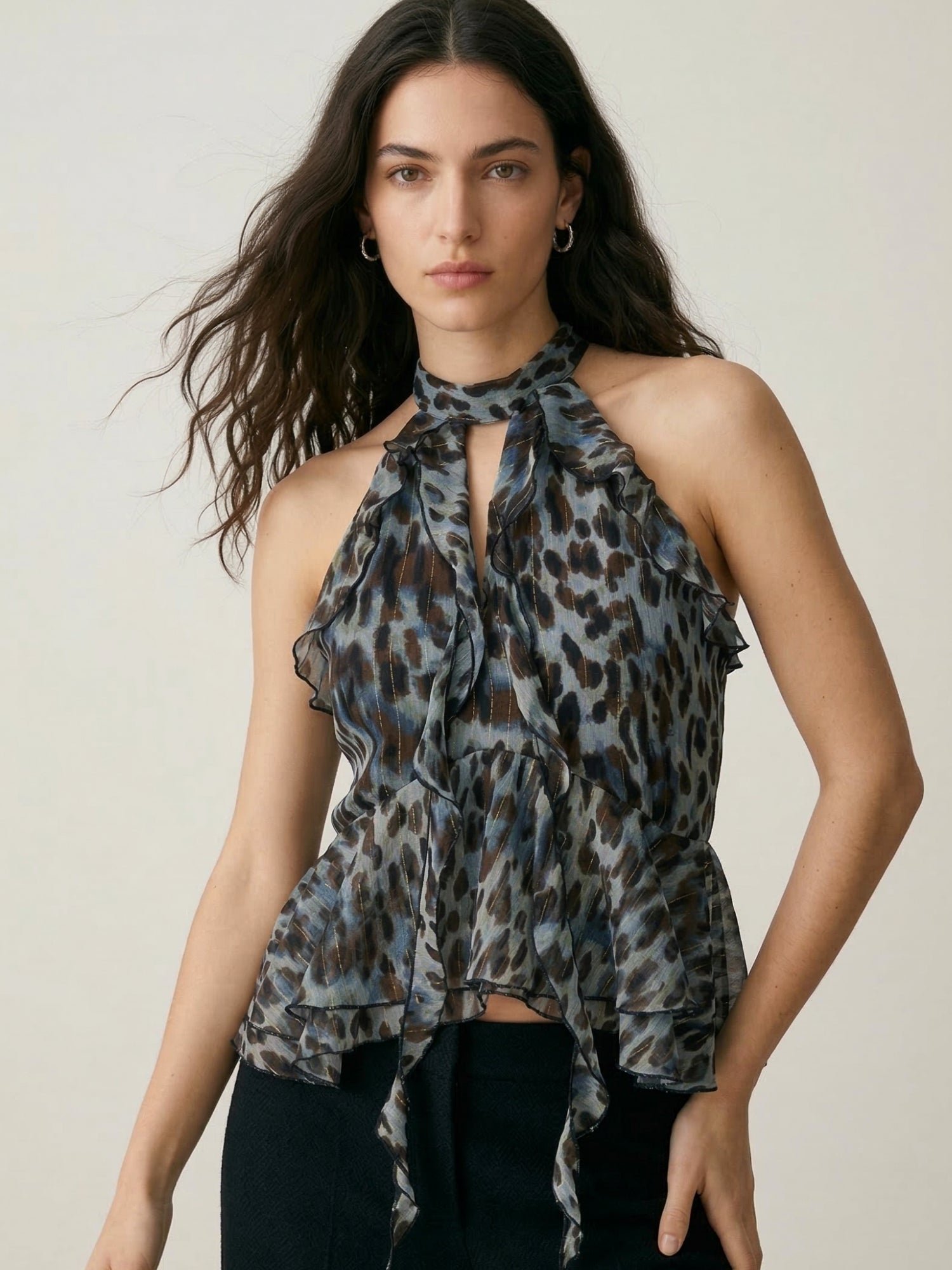 Leopard Print Halter Neck Ruffle Blouse