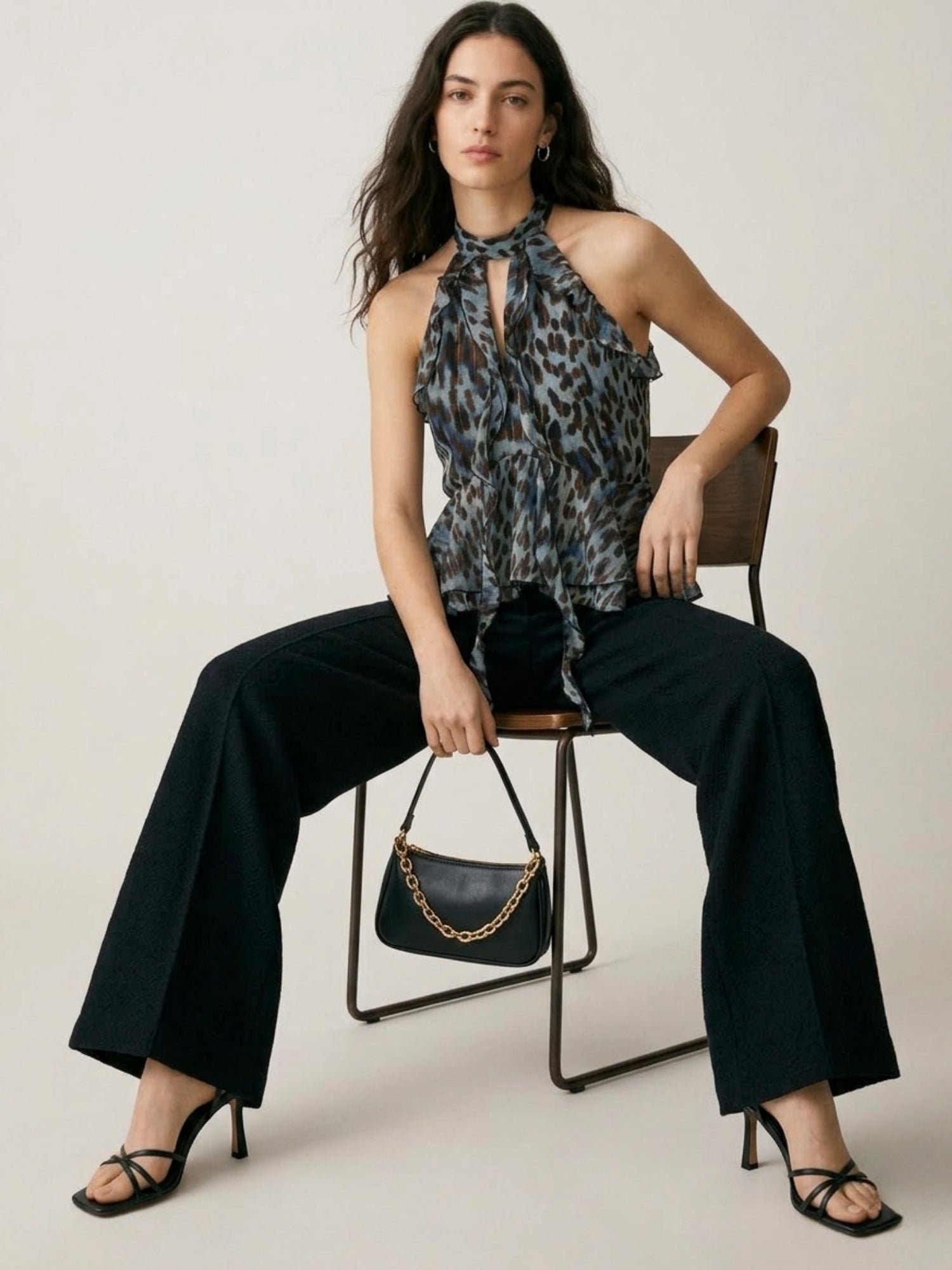 Leopard Print Halter Neck Ruffle Blouse