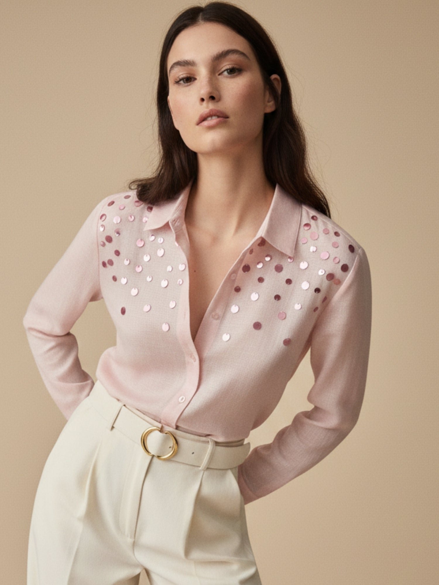 Pink Sequin-Embellished Long Sleeve Shirt