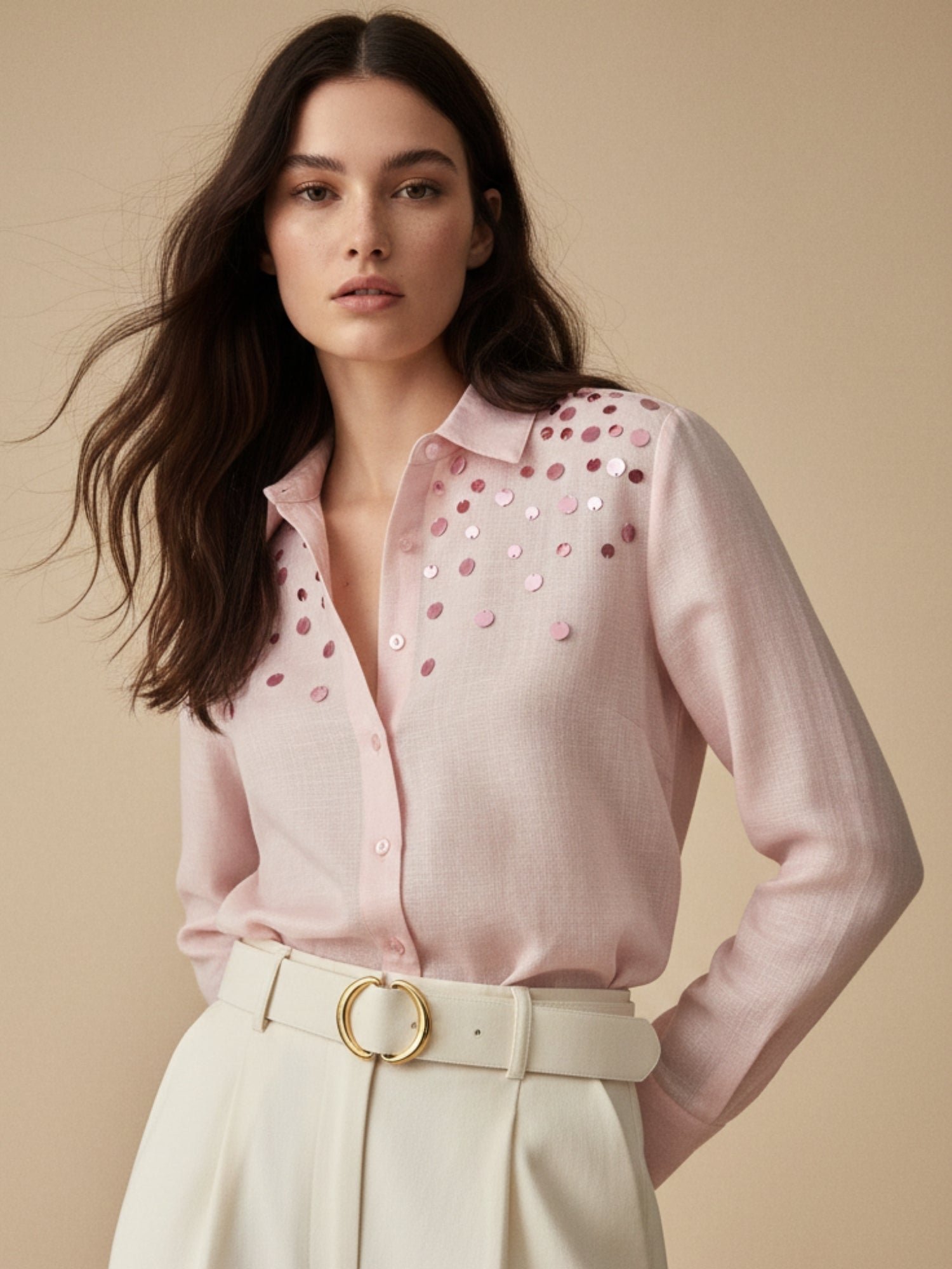 Pink Sequin-Embellished Long Sleeve Shirt