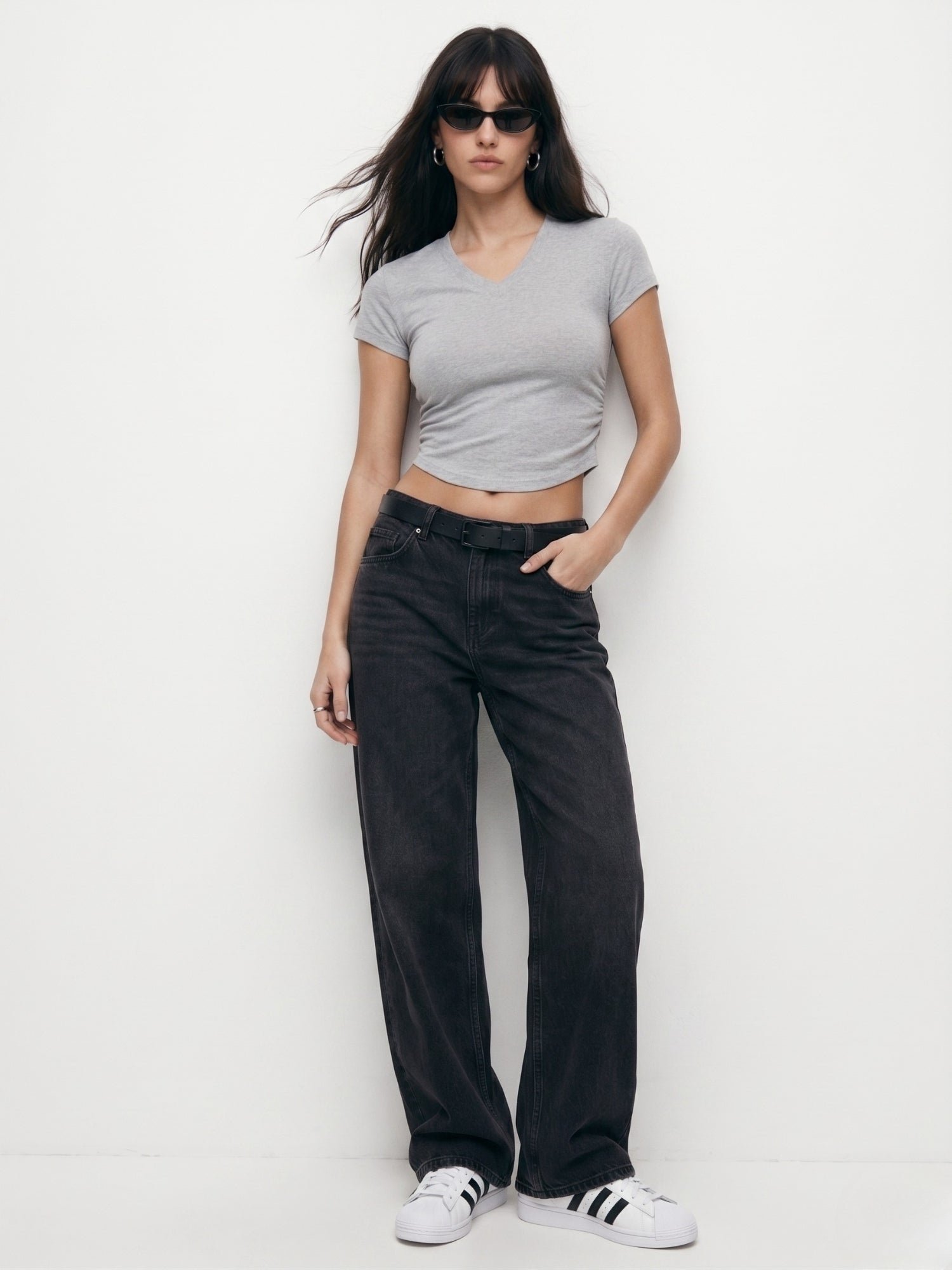 Grey Short Sleeve V-Neck Crop Top