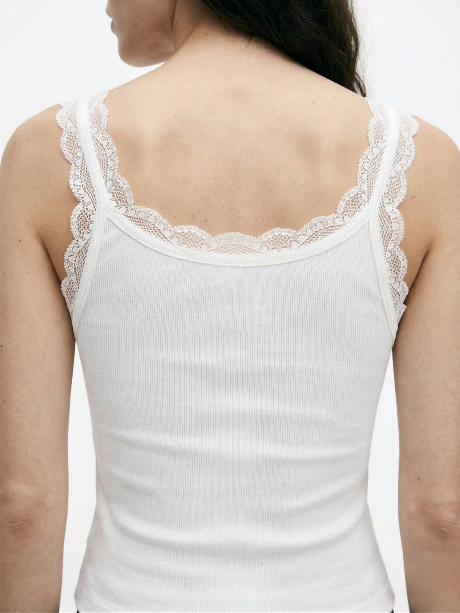 White Ribbed Lace-Trimmed Tank Top