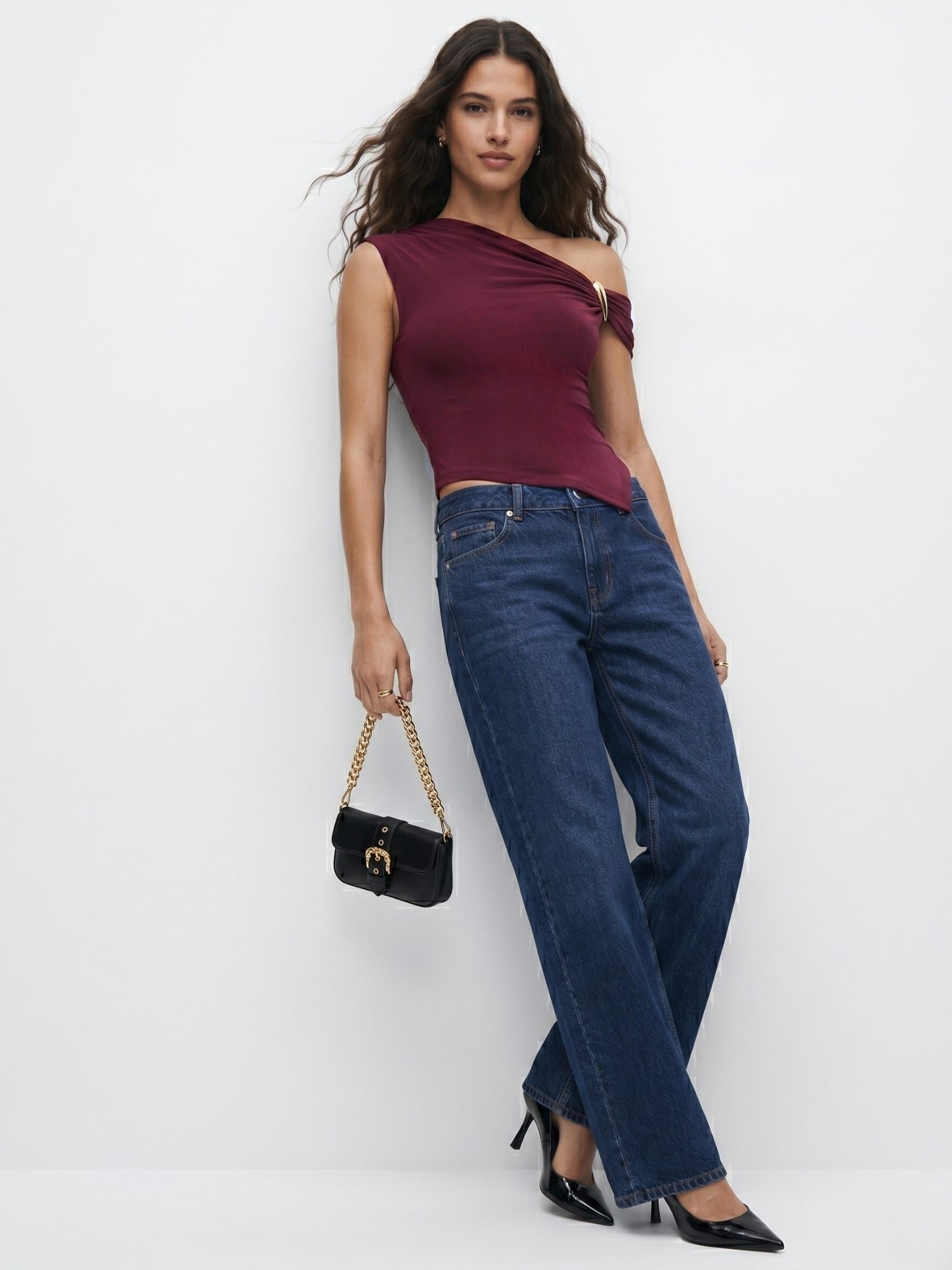 Burgundy Sleeveless Asymmetric Top with Buckle Detail