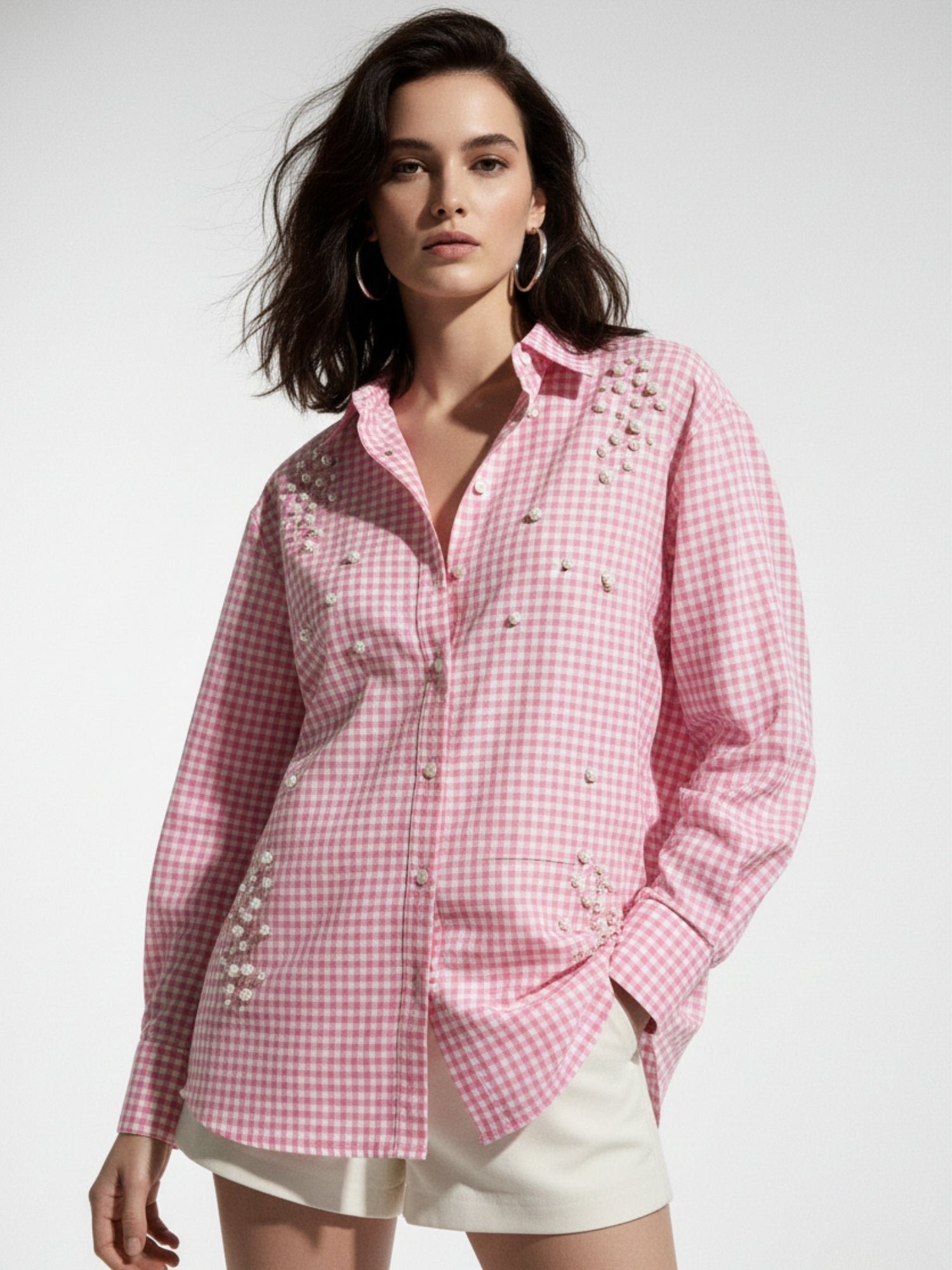 Pink Gingham Long Sleeve Blouse with Pearl Embellishments