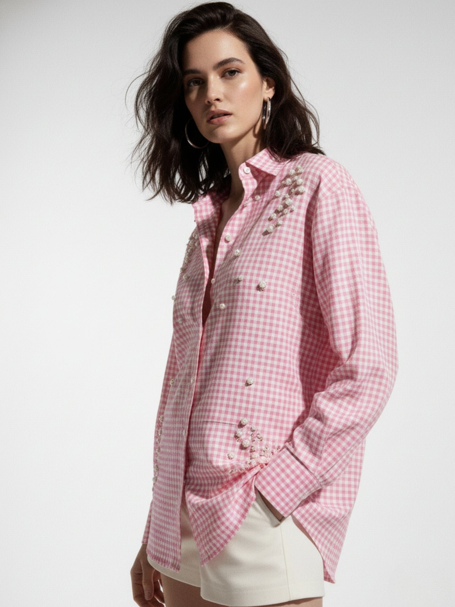 Pink Gingham Long Sleeve Blouse with Pearl Embellishments