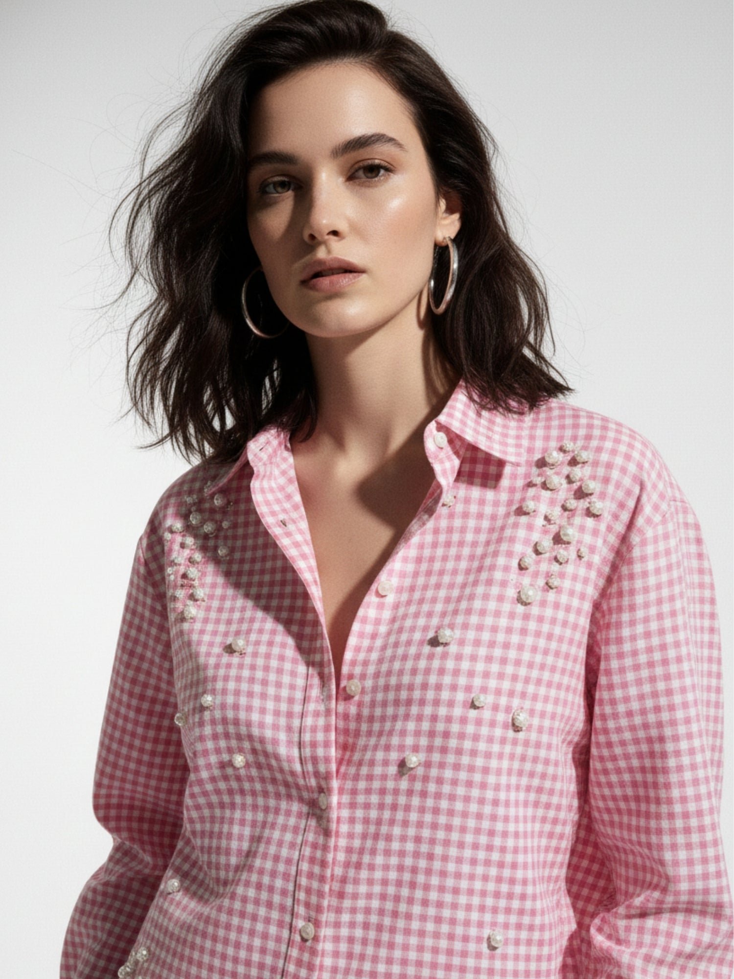 Pink Gingham Long Sleeve Blouse with Pearl Embellishments
