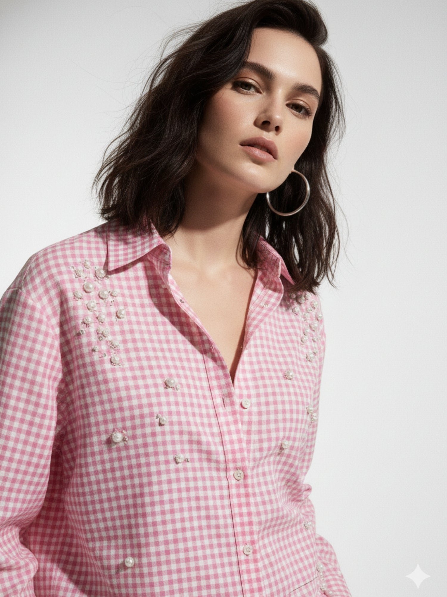 Pink Gingham Long Sleeve Blouse with Pearl Embellishments