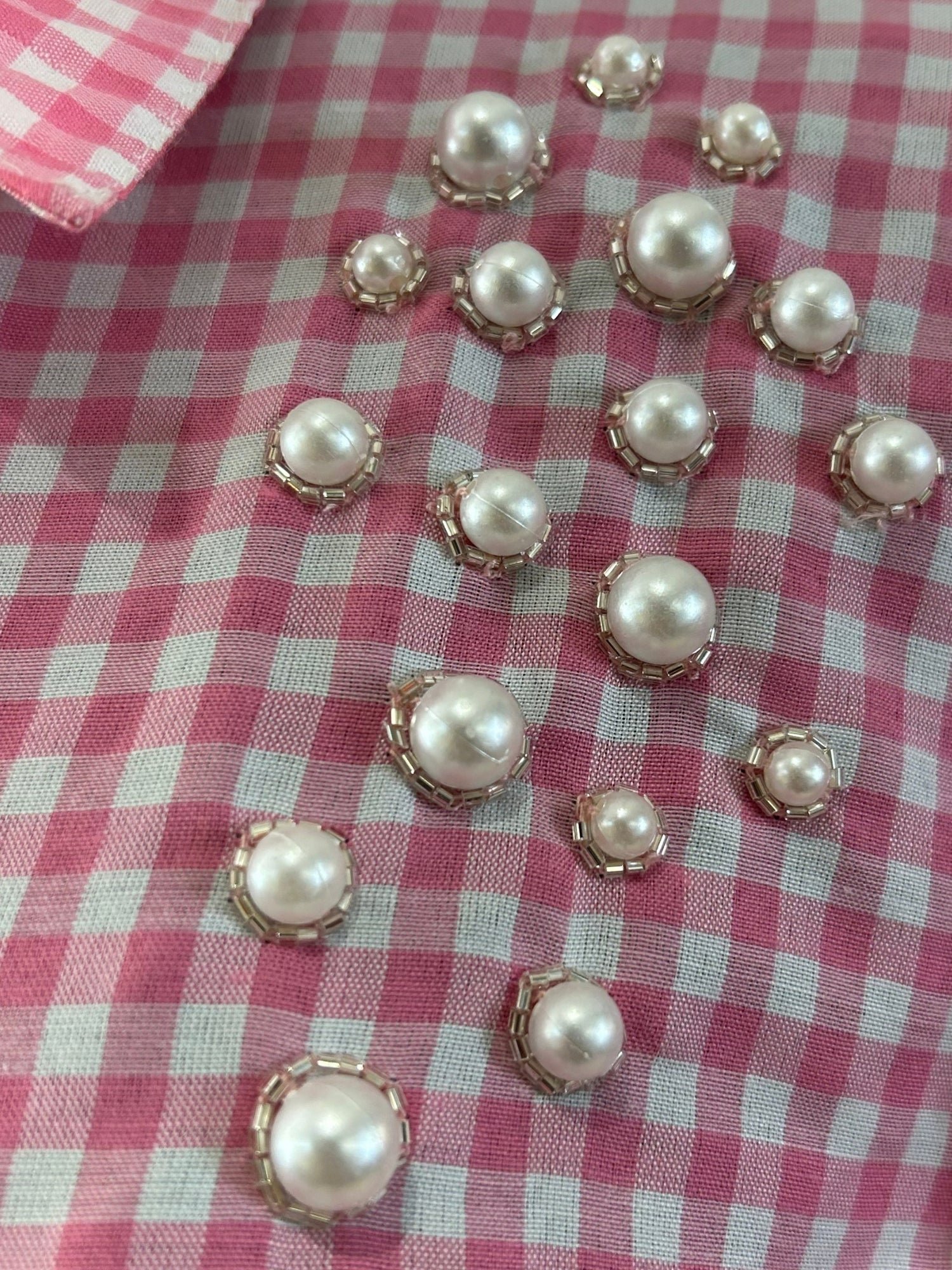 Pink Gingham Long Sleeve Blouse with Pearl Embellishments