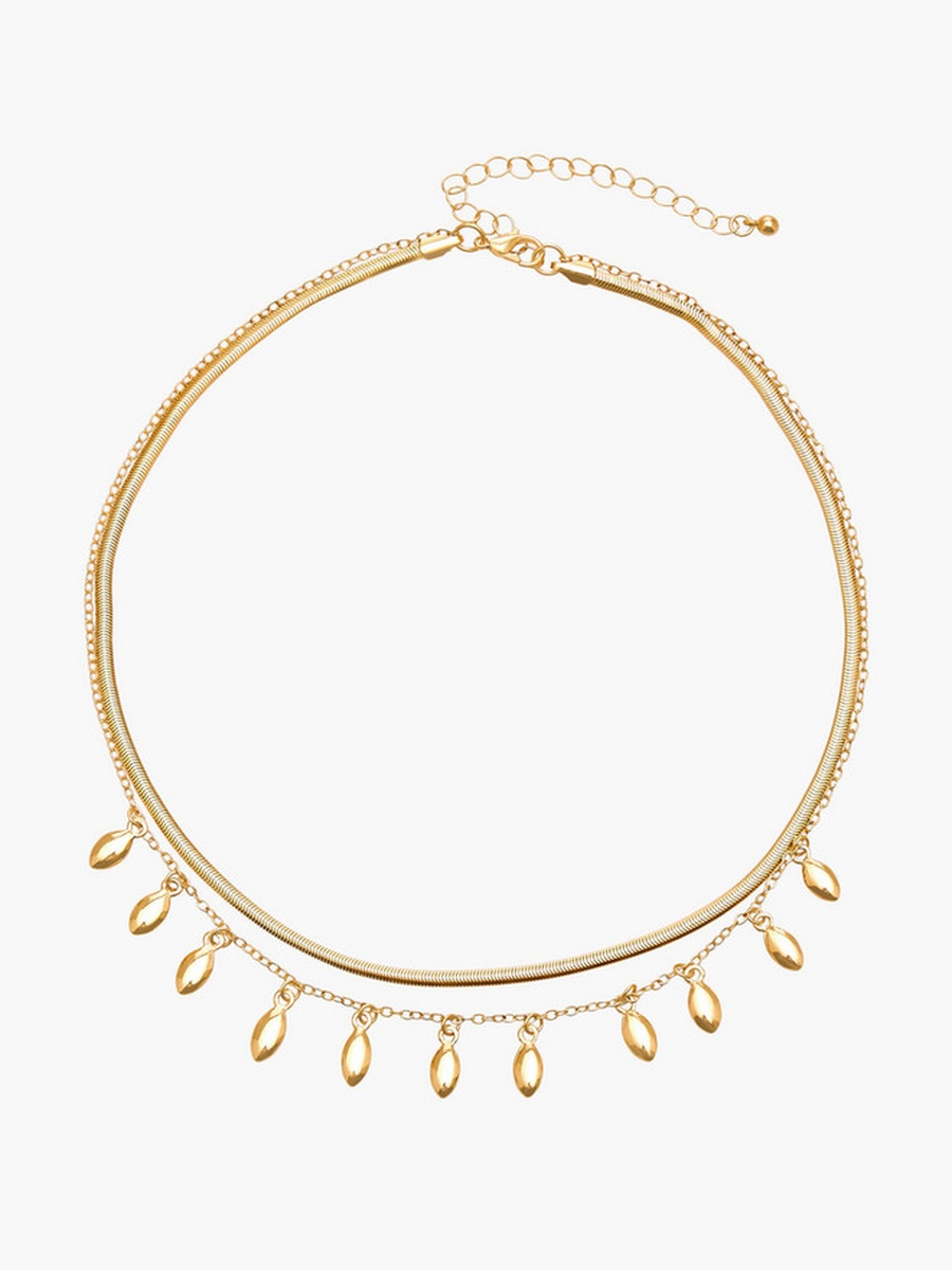 Metallic Layered Necklace with Teardrop Pendant