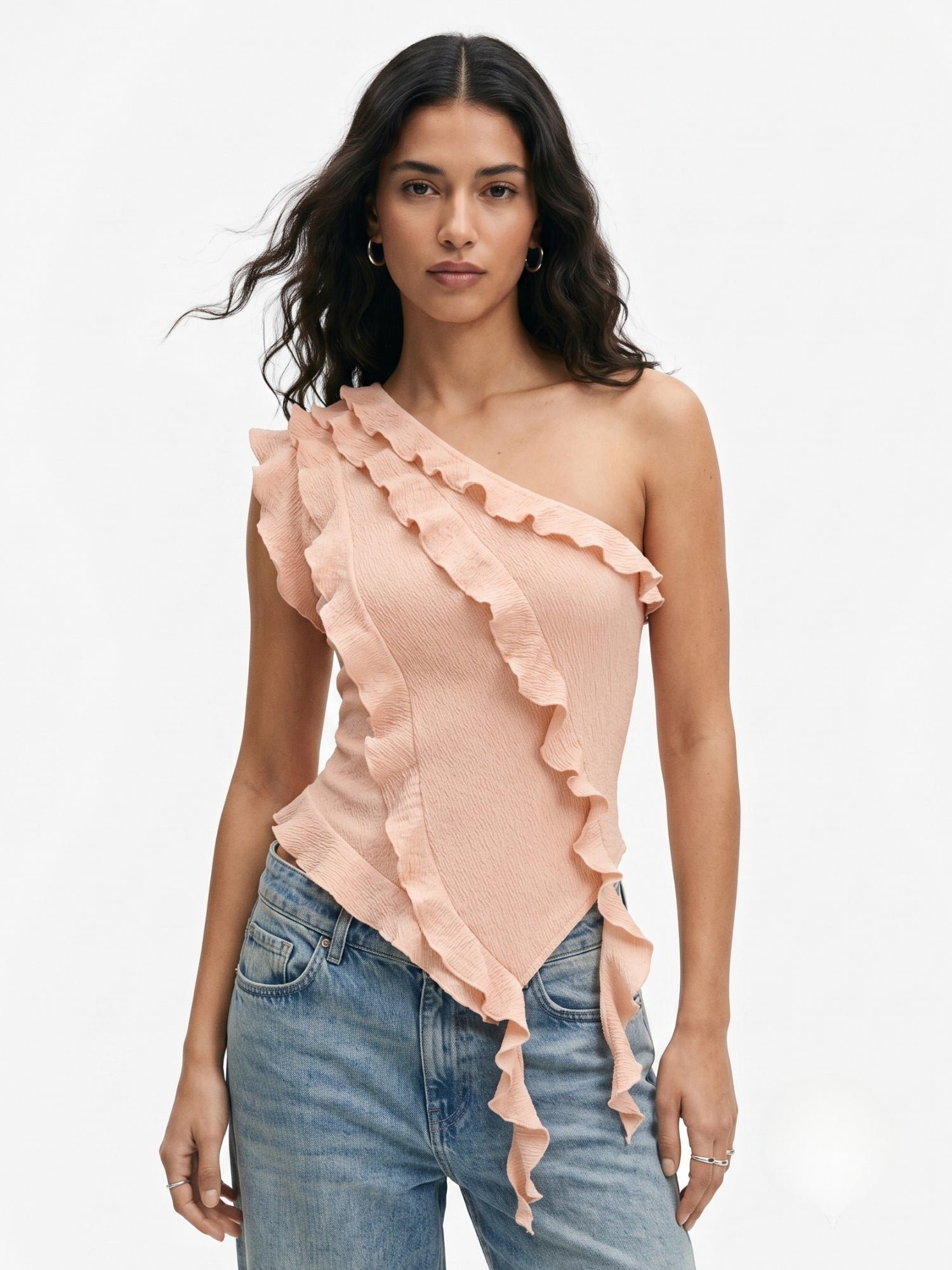 Peach Sleeveless Asymmetric Ruffle Knit Top