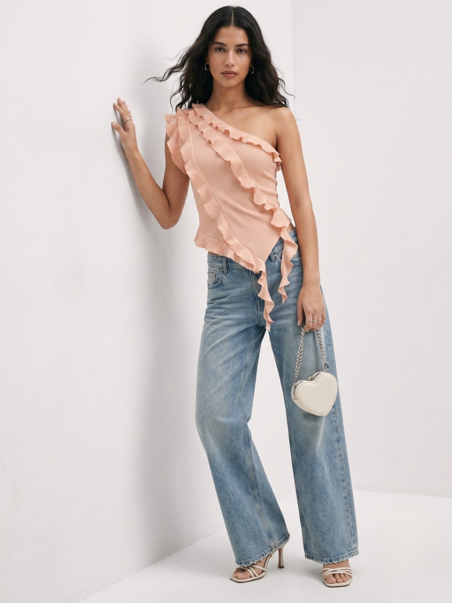 Peach Sleeveless Asymmetric Ruffle Knit Top