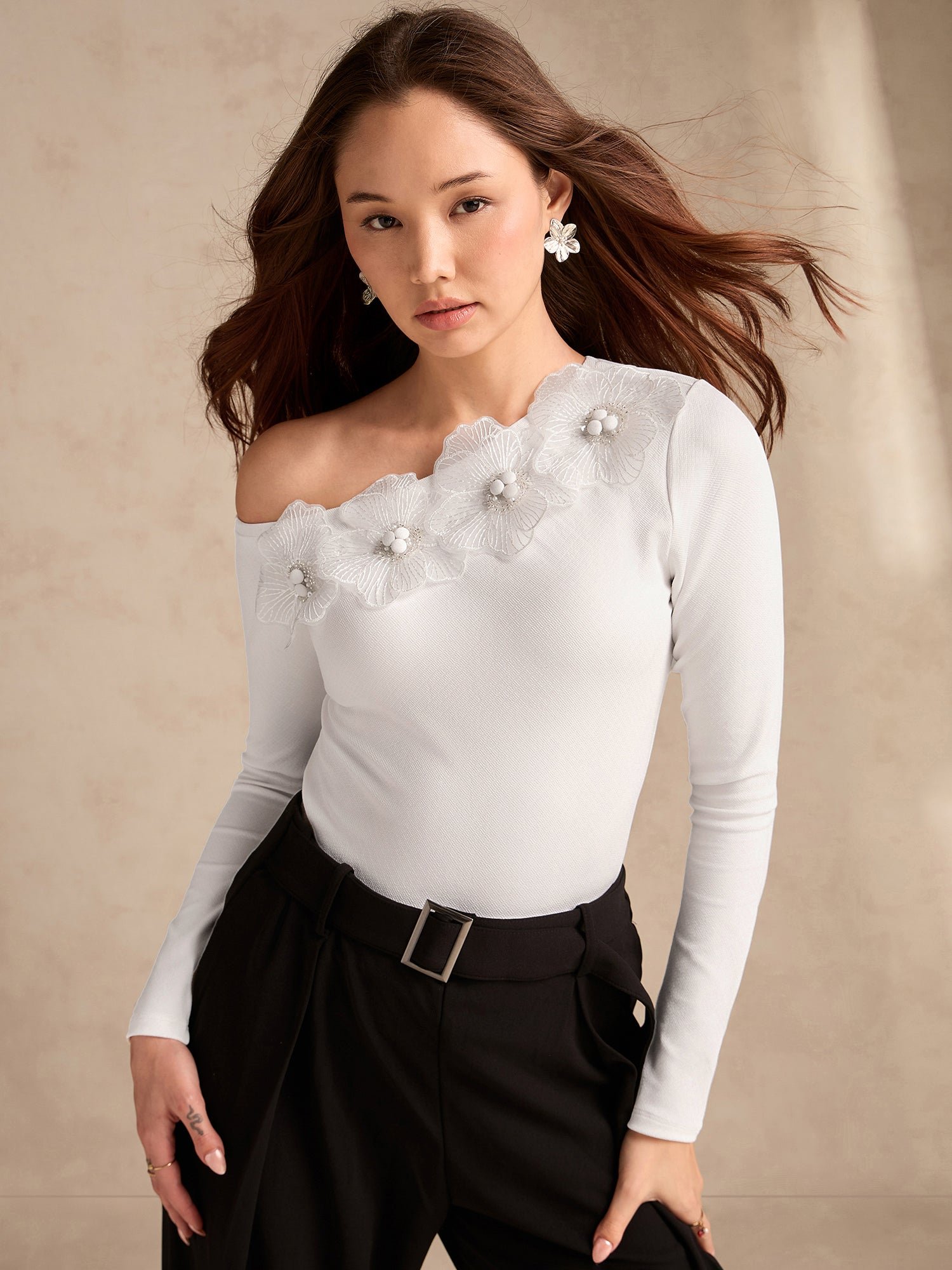 White Long Sleeve Off-Shoulder Top