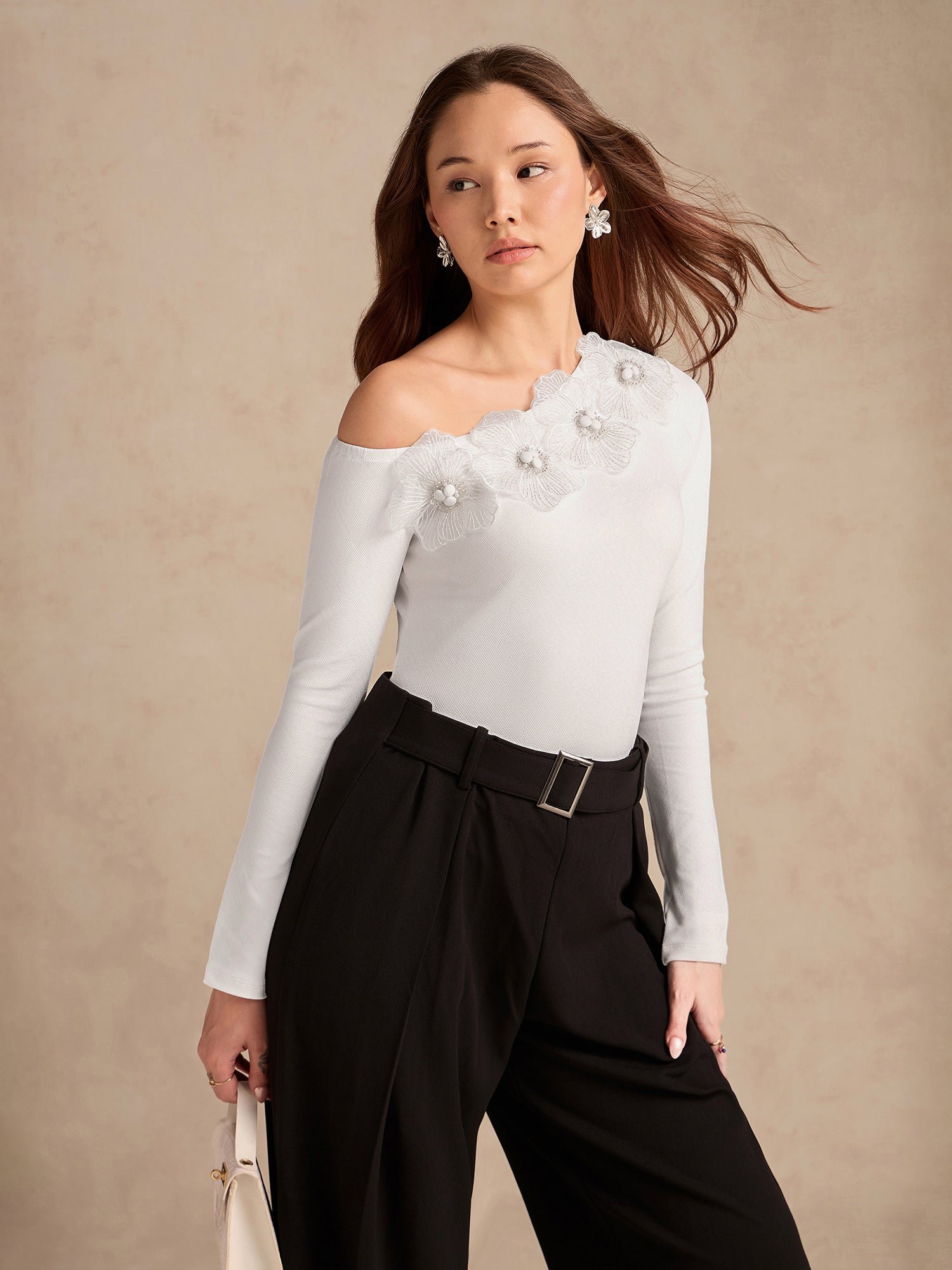 White Long Sleeve Off-Shoulder Top