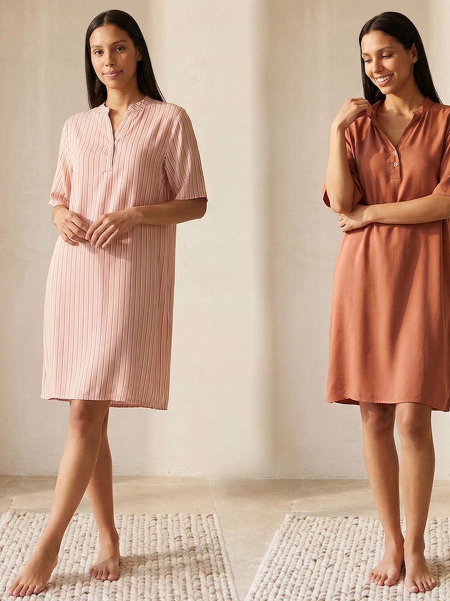 Set of 2 - Short Sleeves Mandarin Collar Viscose Knee Length Night Dress