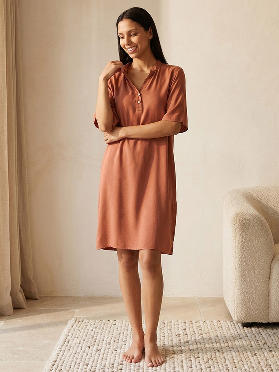 Set of 2 - Short Sleeves Mandarin Collar Viscose Knee Length Night Dress