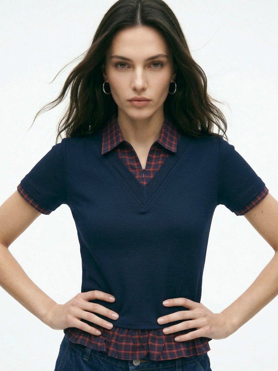 Short Sleeve V-Neck Top with Plaid Trim