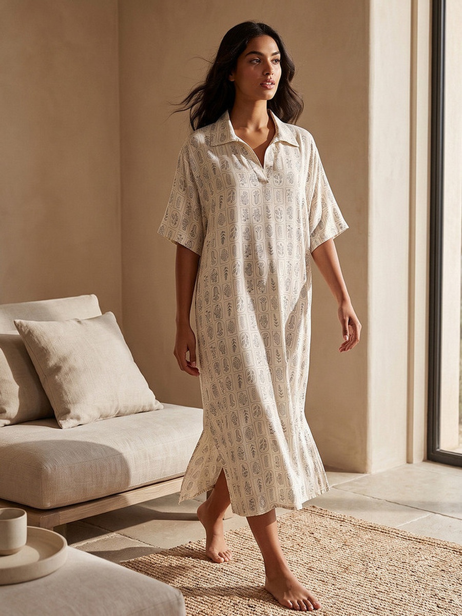 Set of 2 - Short Sleeves Assorted Print Viscose Midi Length Night Dress
