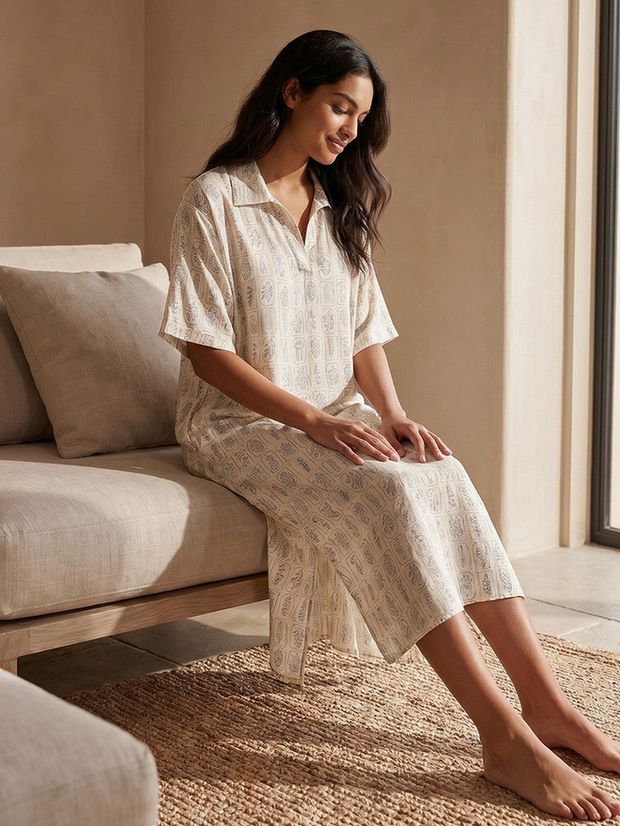 Set of 2 - Short Sleeves Assorted Print Viscose Midi Length Night Dress