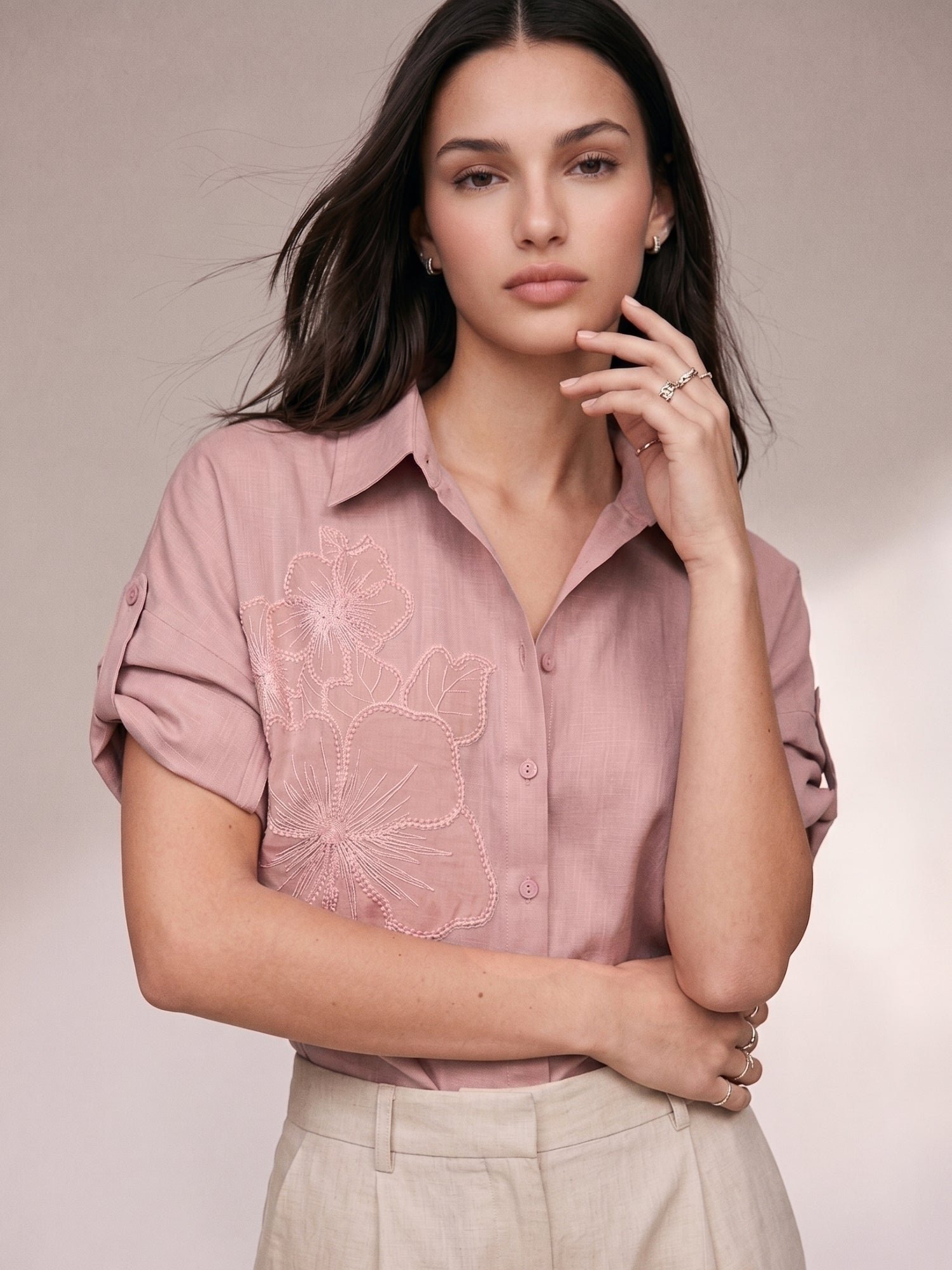 Pink Linen Embroidered Long Sleeve Shirt