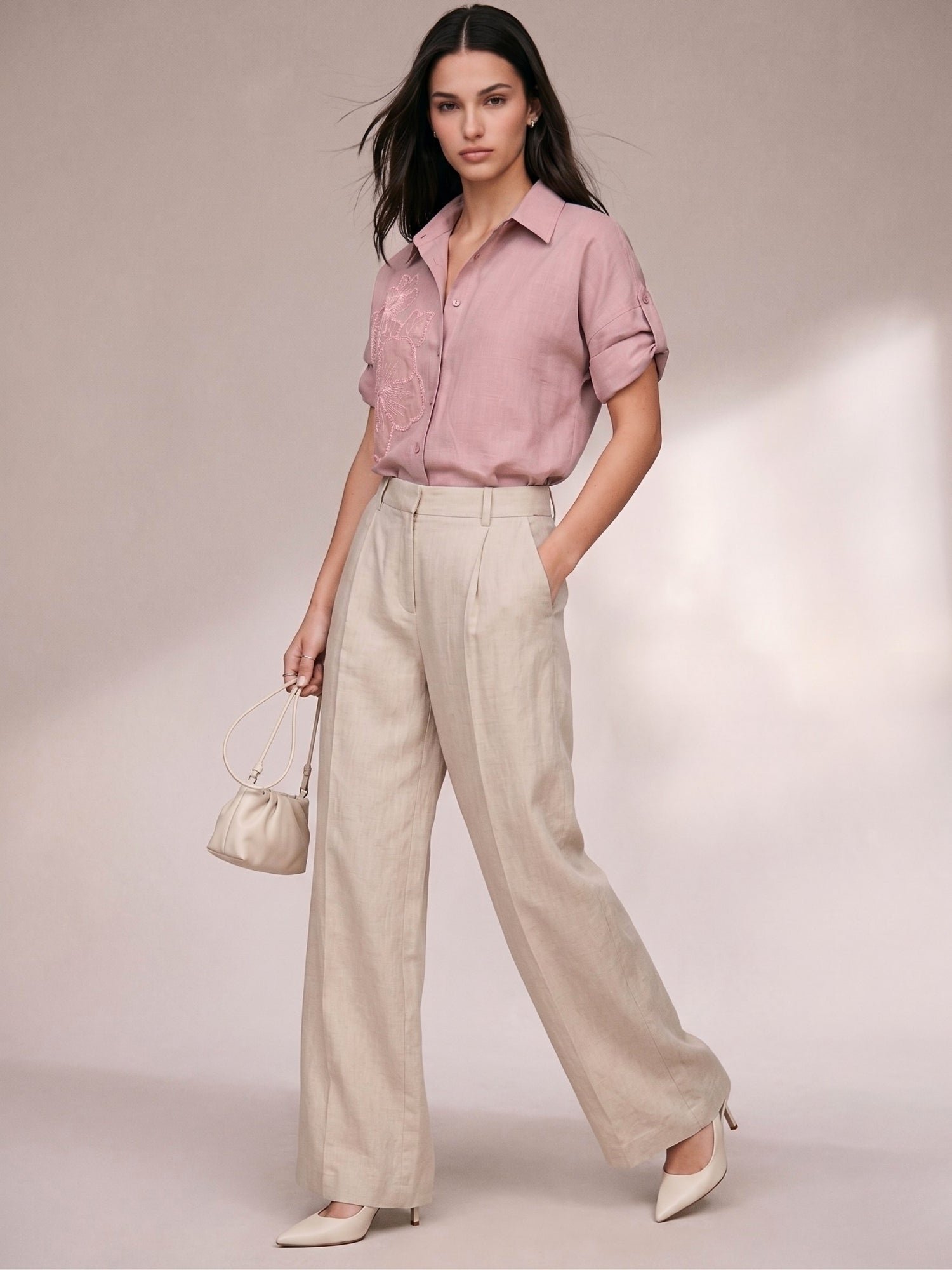 Pink Linen Embroidered Long Sleeve Shirt