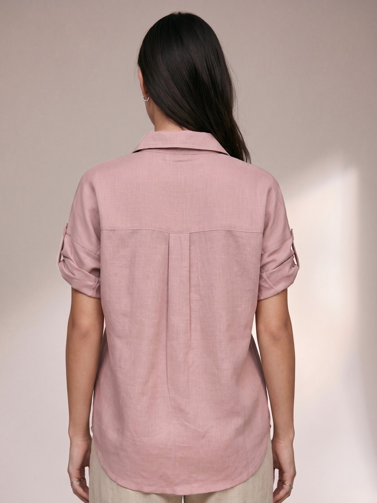 Pink Linen Embroidered Long Sleeve Shirt