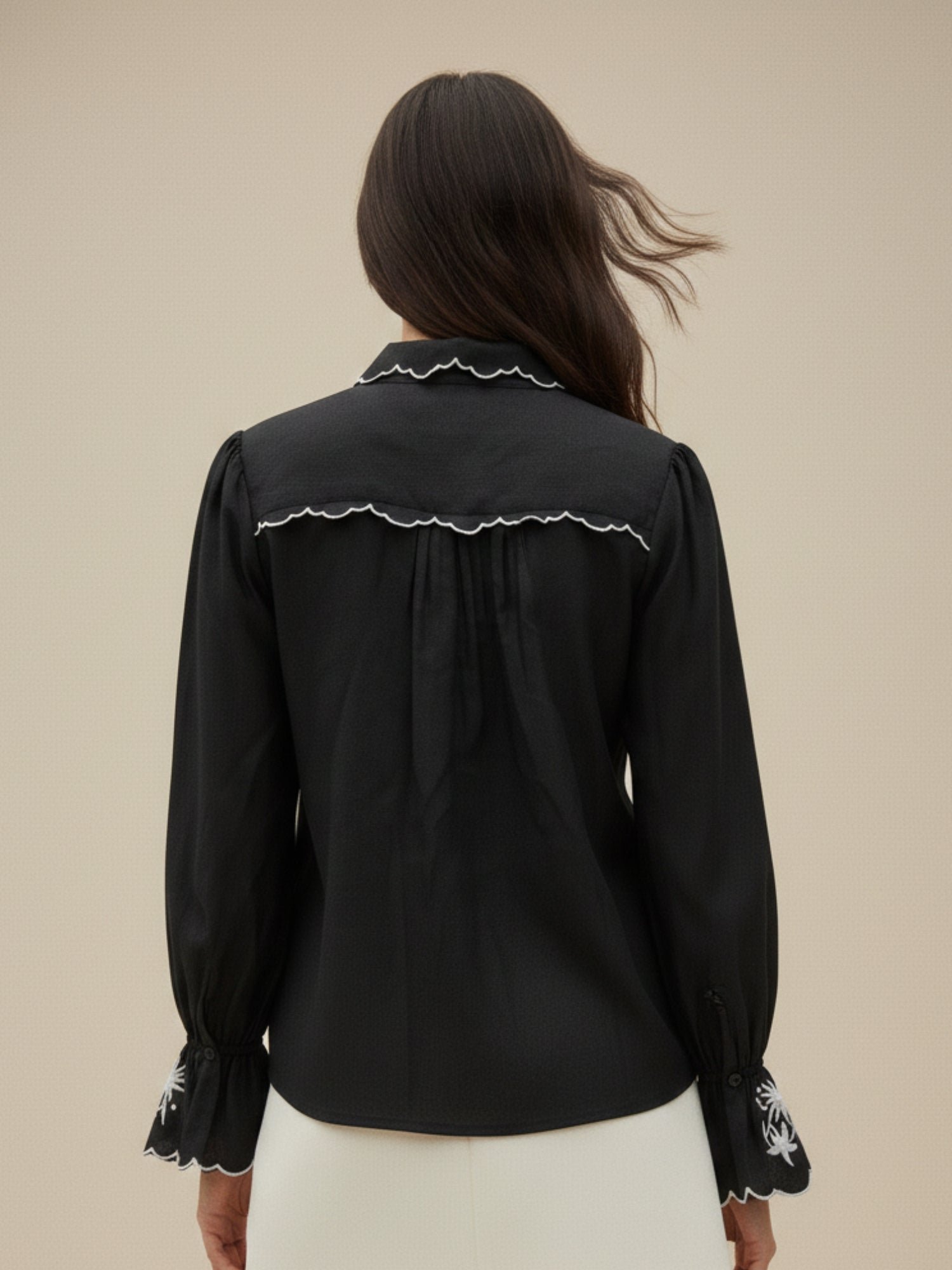 Black Long Sleeve Shirt with Scalloped Embroidery