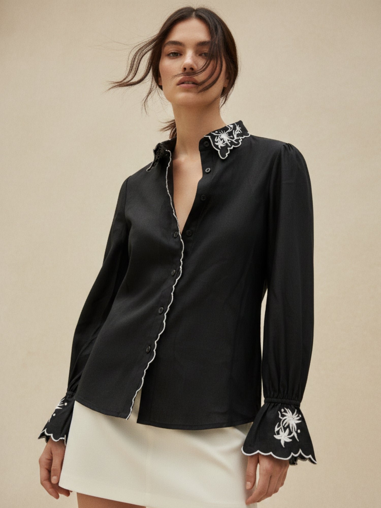 Black Long Sleeve Shirt with Scalloped Embroidery