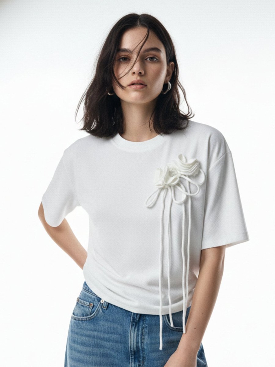 White Floral Applique Short Sleeve Top