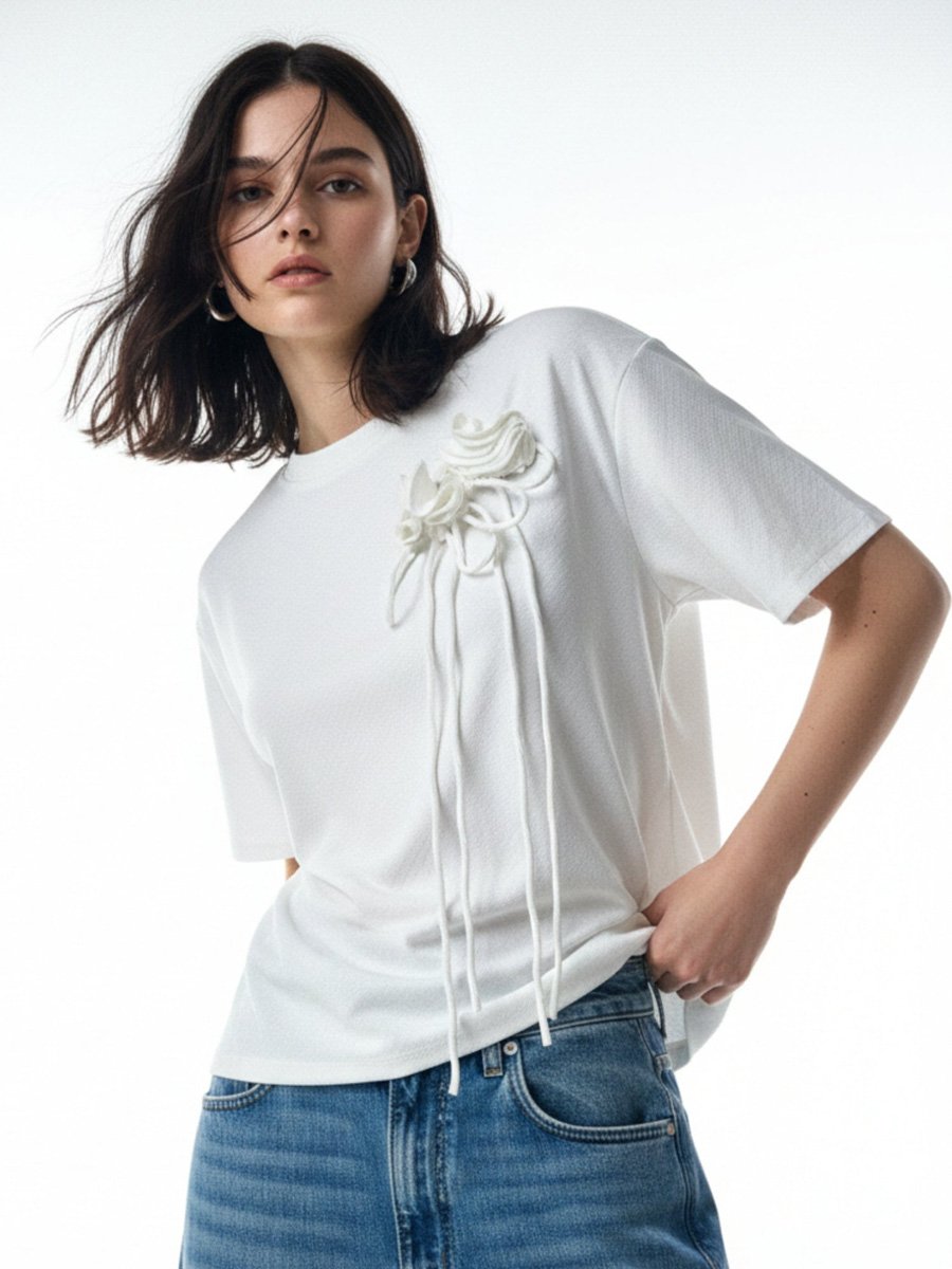 White Floral Applique Short Sleeve Top