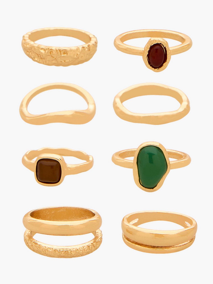 Pack of 8 Gold Tone Resin Ring with Embellished Detail