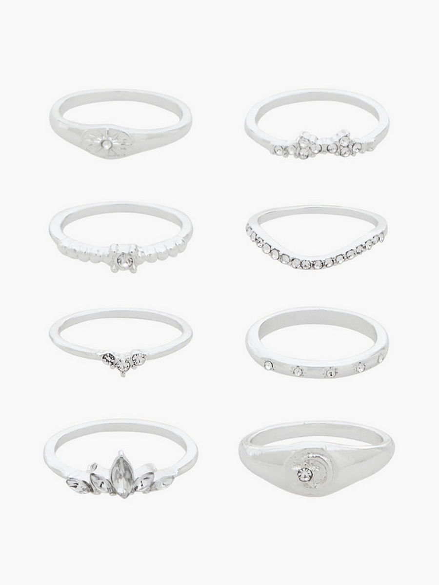 Set of 8 - Silver Tone Ring with Stone Embellishments