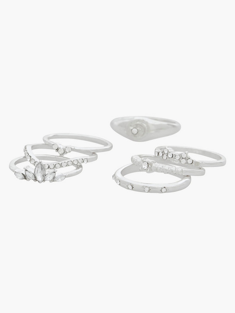 Set of 8 - Silver Tone Ring with Stone Embellishments