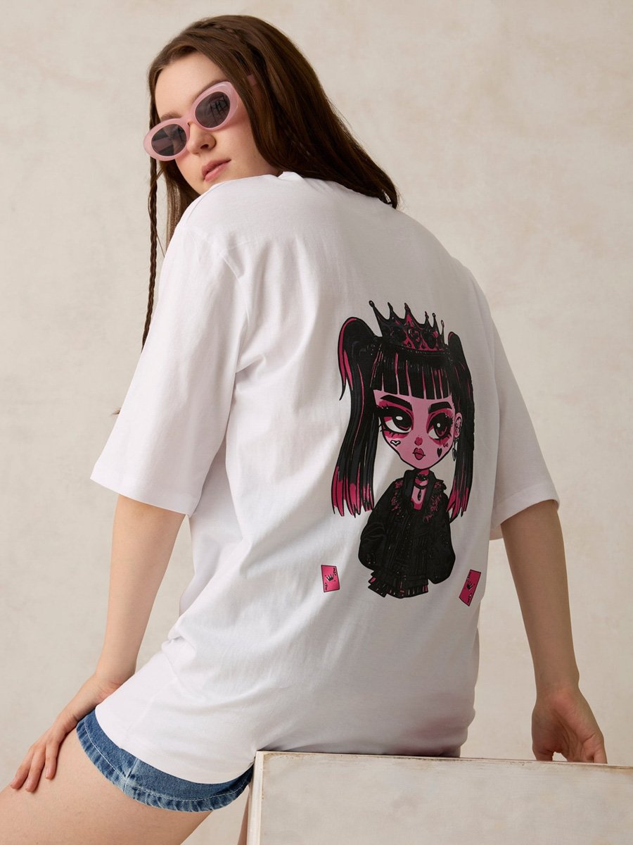 White Oversized Graphic T-Shirt with Round Neck
