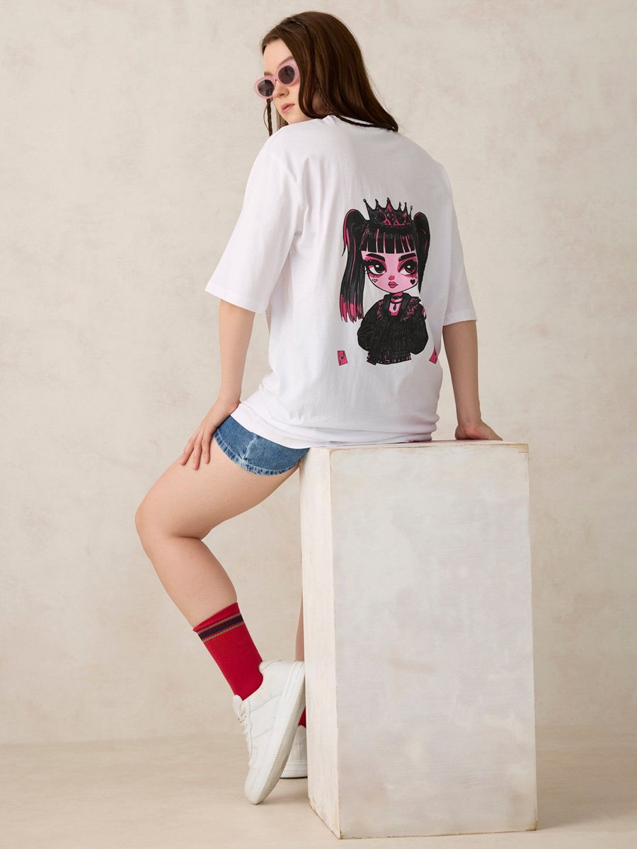 White Oversized Graphic T-Shirt with Round Neck