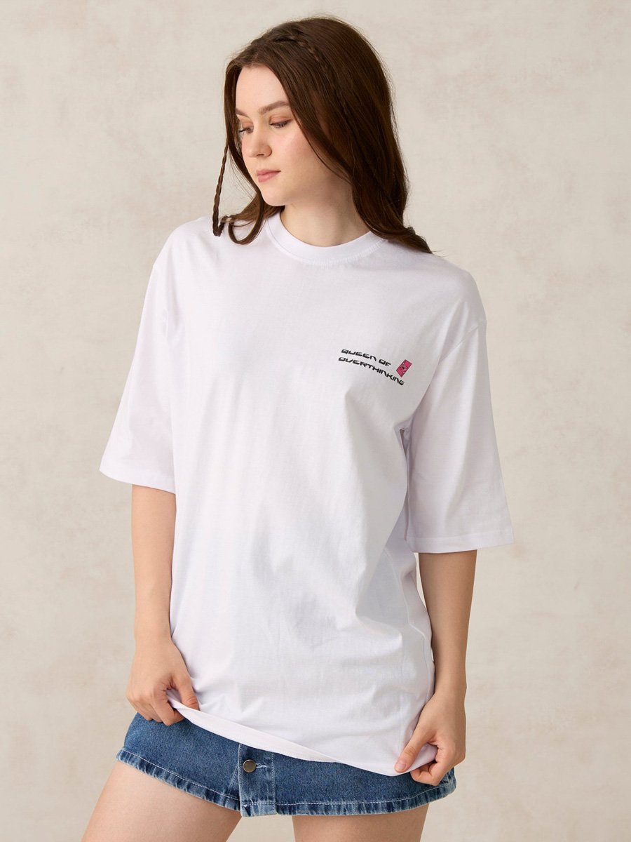 White Oversized Graphic T-Shirt with Round Neck