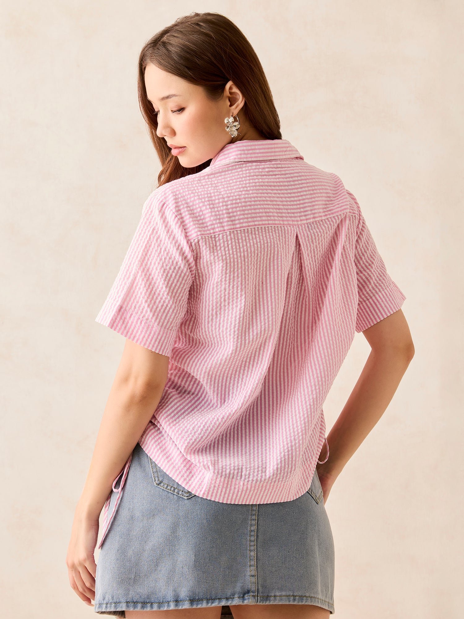 Pink Striped Short Sleeve Shirt with Ruched Sides