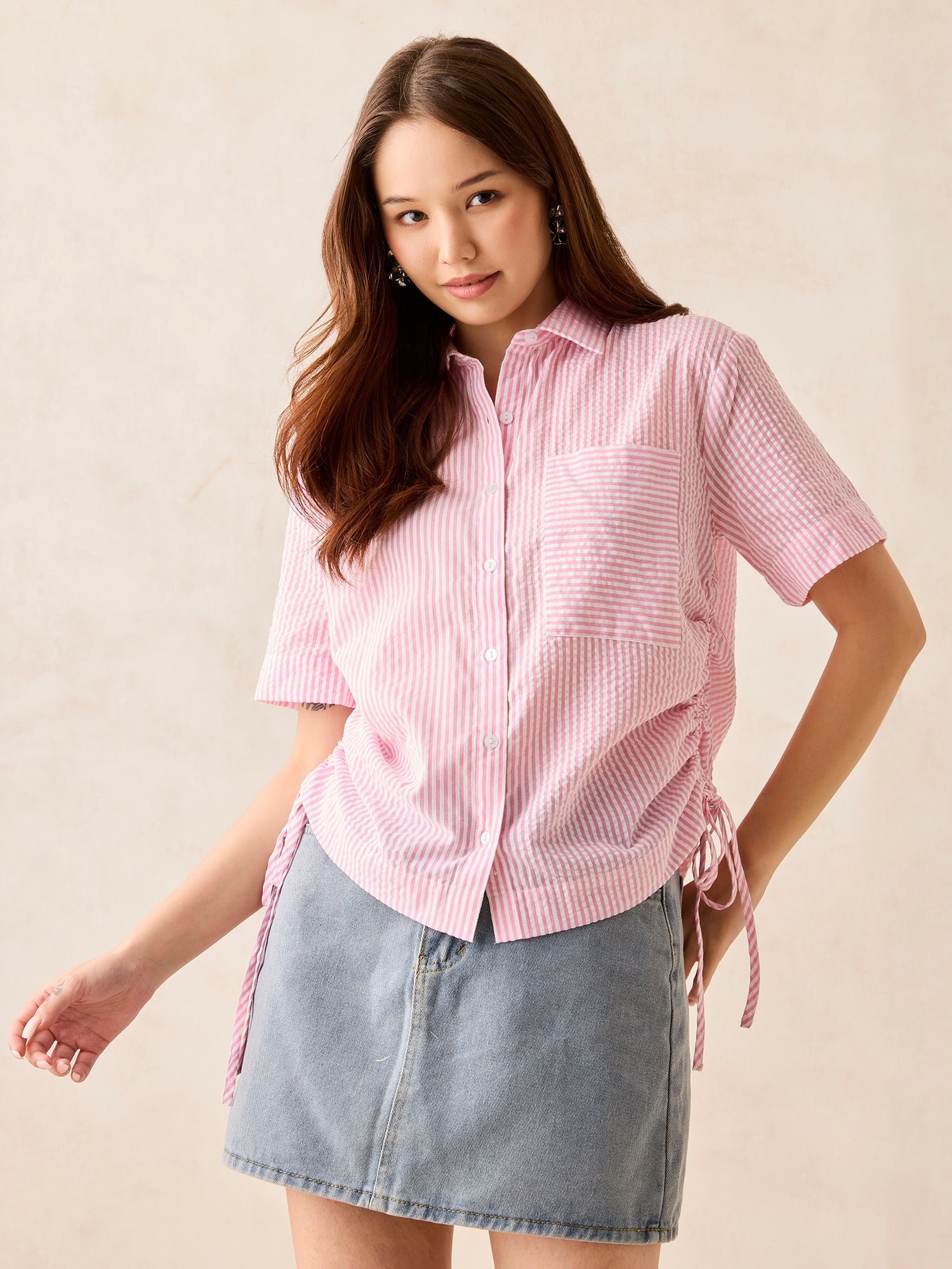 Pink Striped Short Sleeve Shirt with Ruched Sides