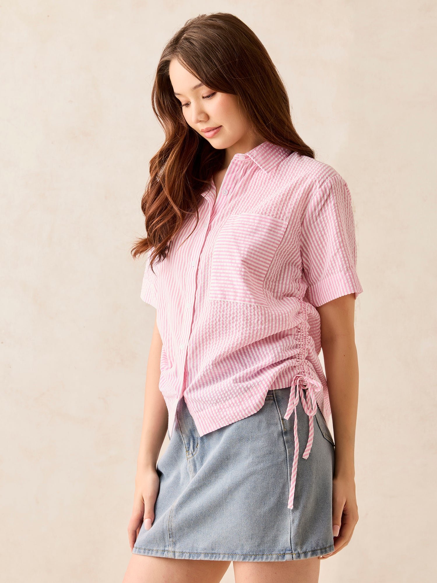 Pink Striped Short Sleeve Shirt with Ruched Sides