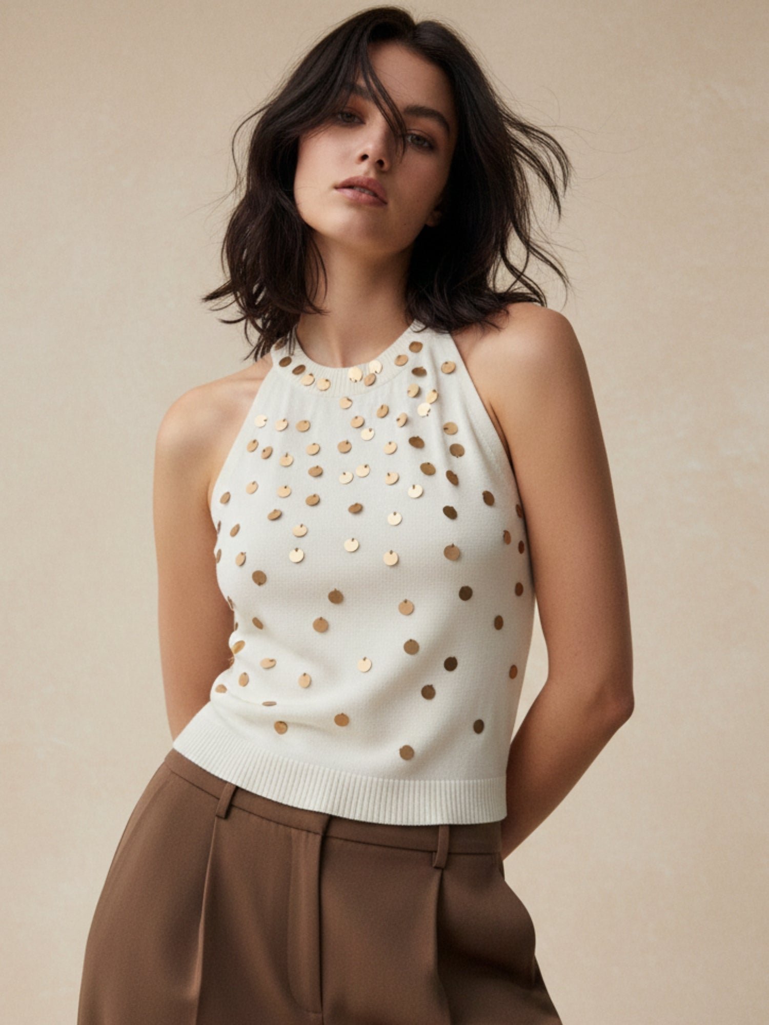 Off-White Sleeveless Sequin Halter Tank Top