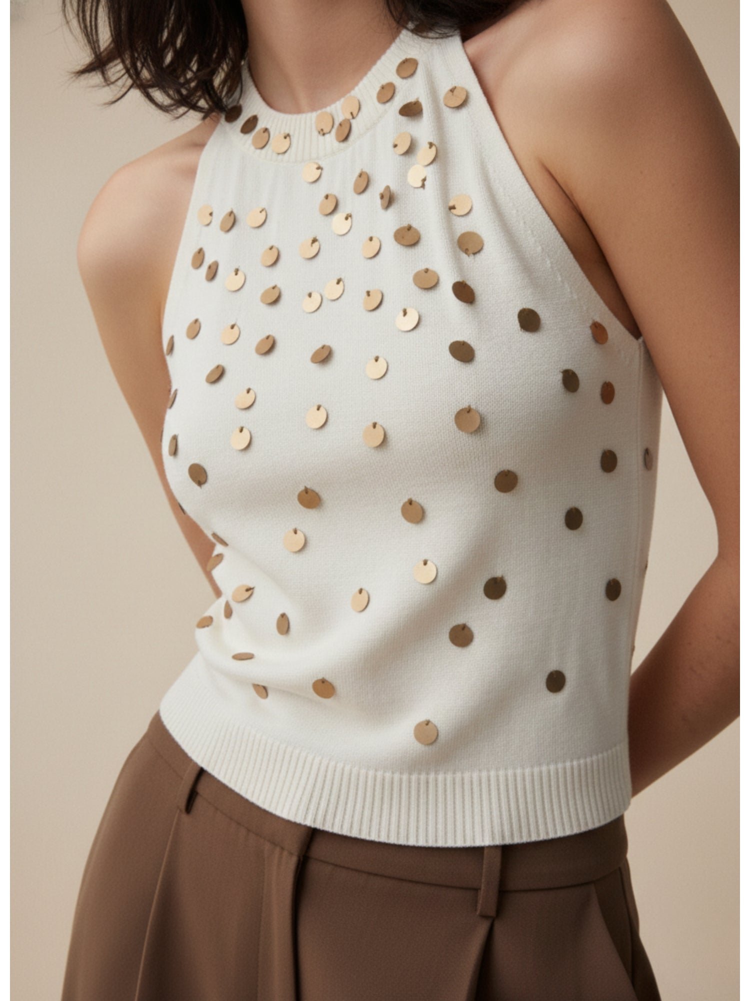 Off-White Sleeveless Sequin Halter Tank Top