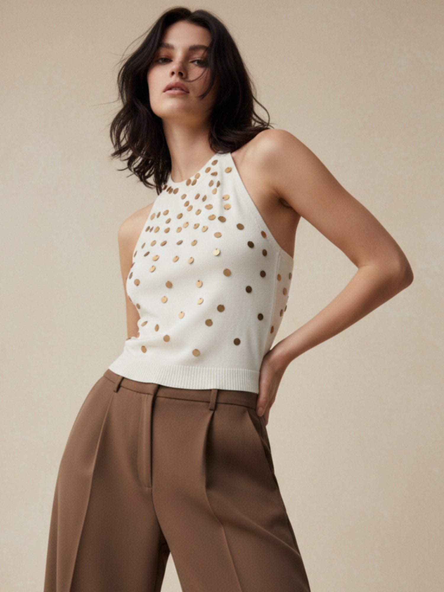 Off-White Sleeveless Sequin Halter Tank Top