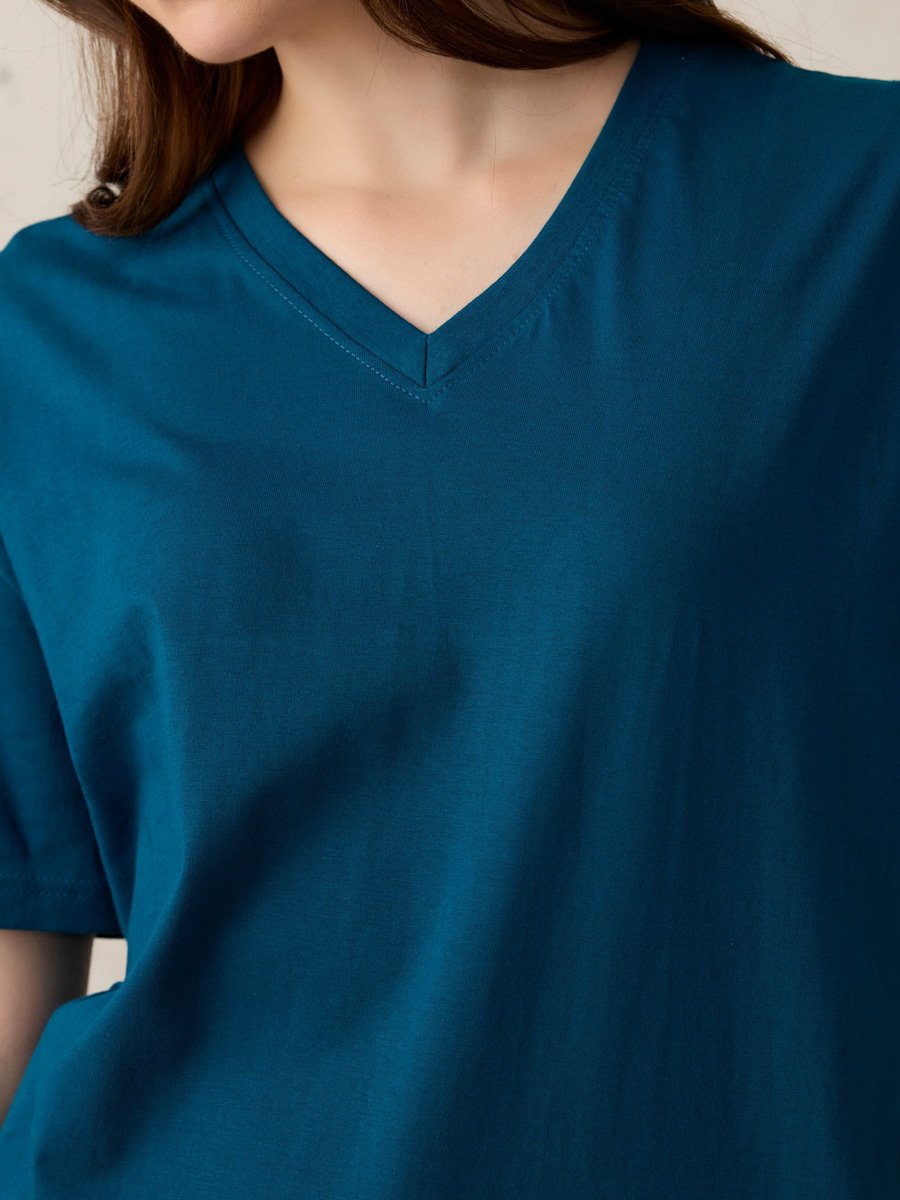 Teal V Neck Solid Oversized T-Shirt