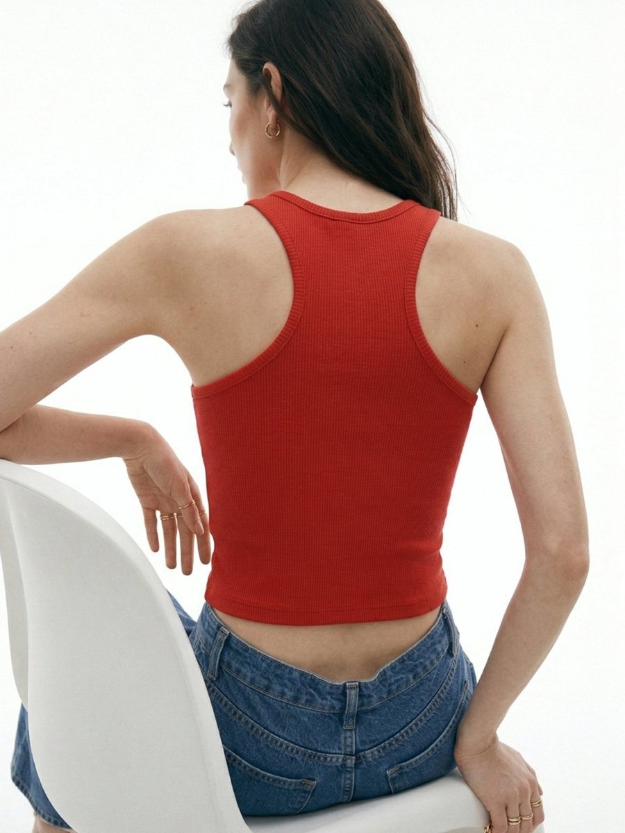 Red High Neck Tank With Gold Ring Trim
