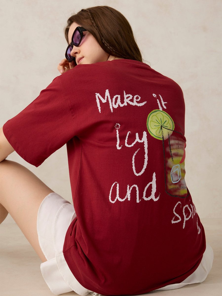 Maroon Oversized Graphic T-Shirt with Icy Drink Print